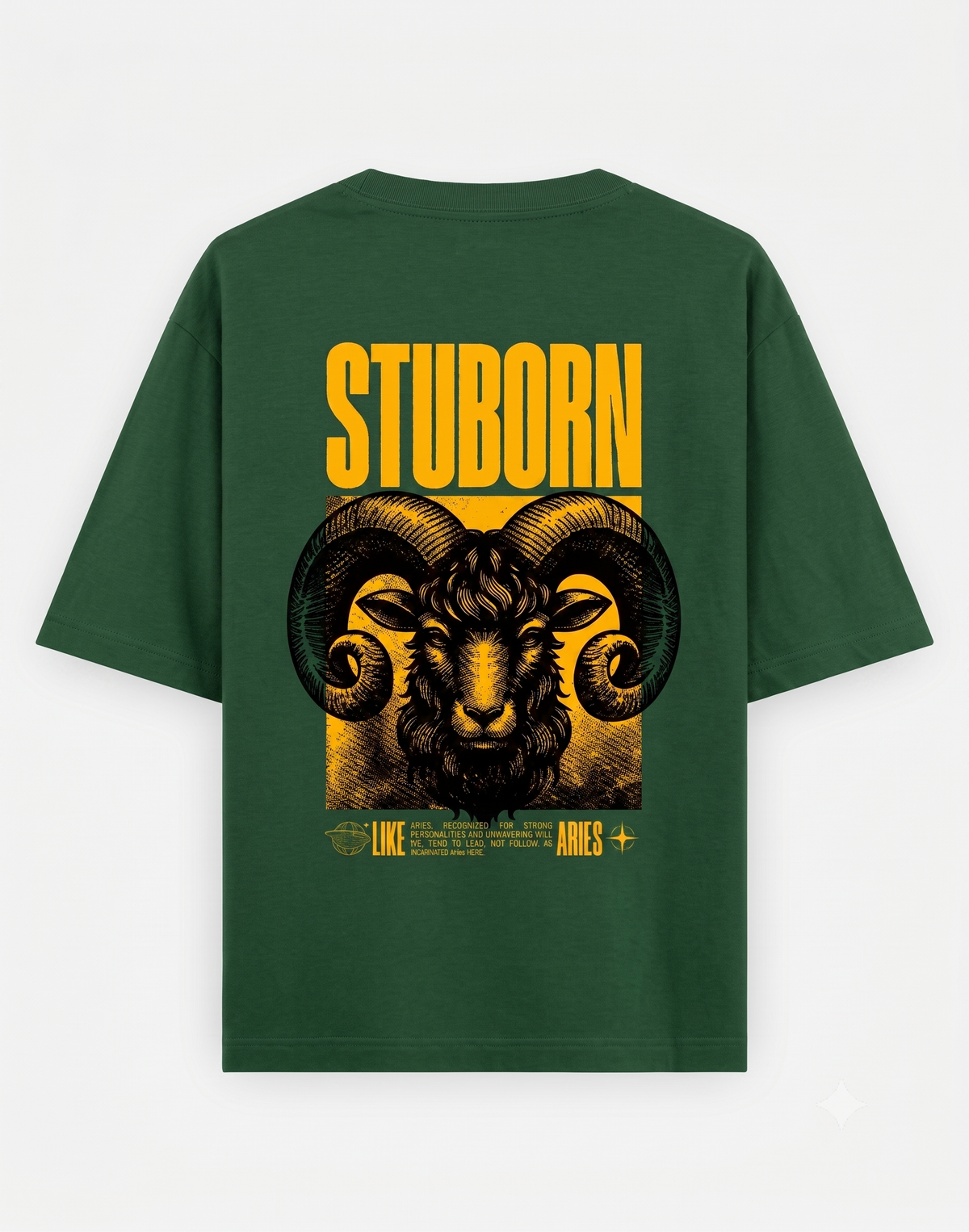 Green t-shirt with yellow and black graphic of a ram and the word 'Stubborn' on a white background