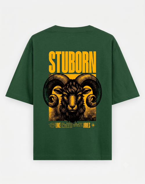 Green t-shirt with yellow and black graphic of a ram and the word 'Stubborn' on a white background